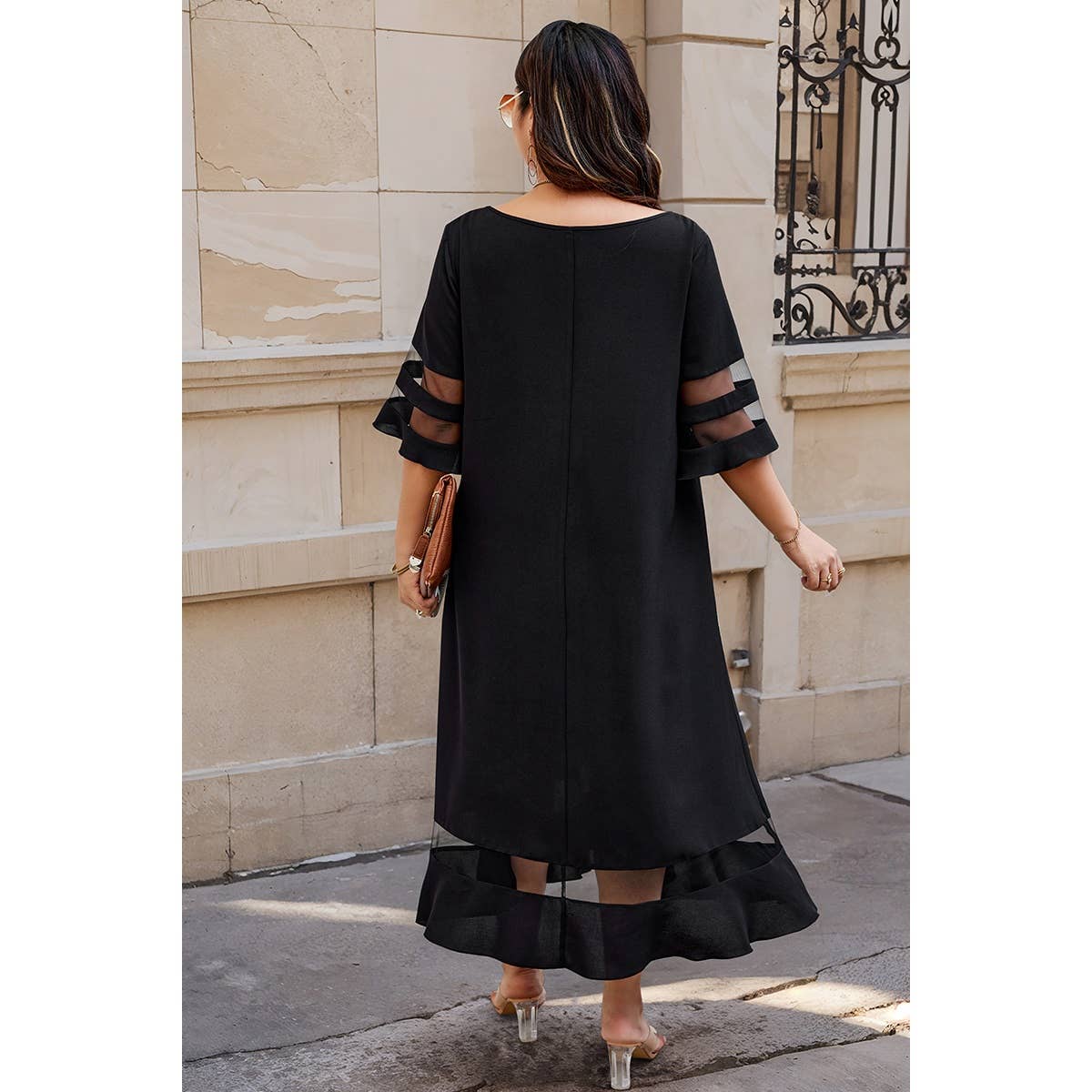 Plus Size Mesh Splicing Round Neck Long Dress - MVTFASHION.COM