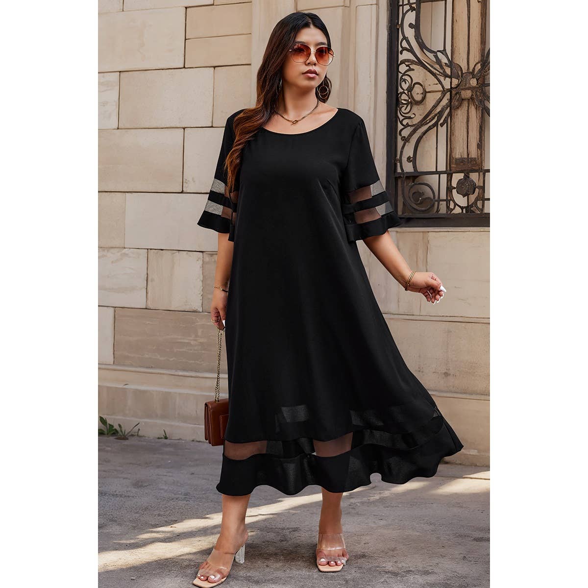 Plus Size Mesh Splicing Round Neck Long Dress - MVTFASHION.COM