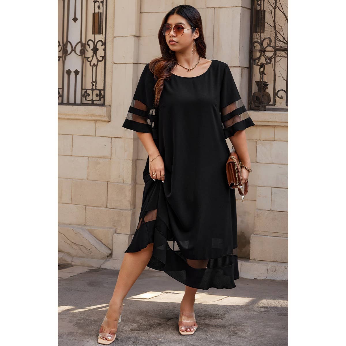 Plus Size Mesh Splicing Round Neck Long Dress - MVTFASHION.COM