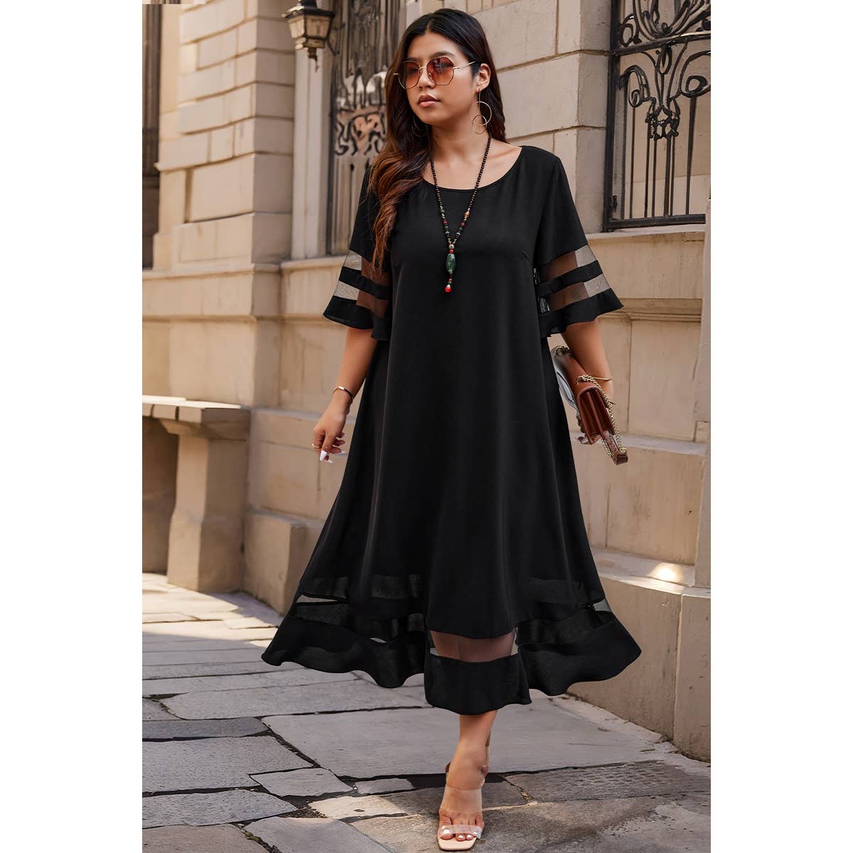 Plus Size Mesh Splicing Round Neck Long Dress - MVTFASHION.COM