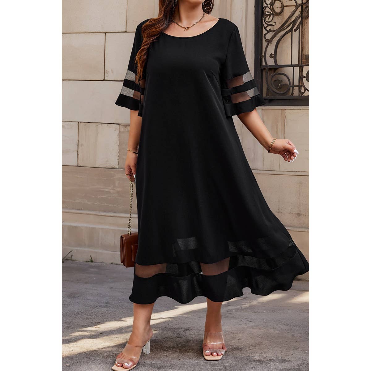 Plus Size Mesh Splicing Round Neck Long Dress - MVTFASHION.COM