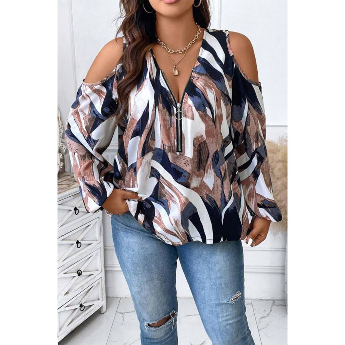 Plus Size Open Shoulder Zipper Print Loose Blouse - MVTFASHION.COM