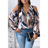 Plus Size Open Shoulder Zipper Print Loose Blouse - MVTFASHION.COM