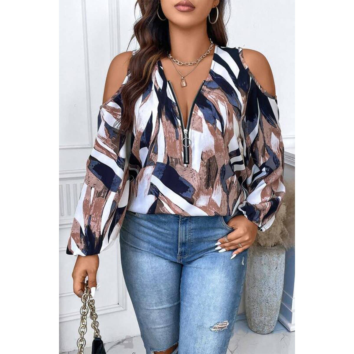 Plus Size Open Shoulder Zipper Print Loose Blouse - MVTFASHION.COM