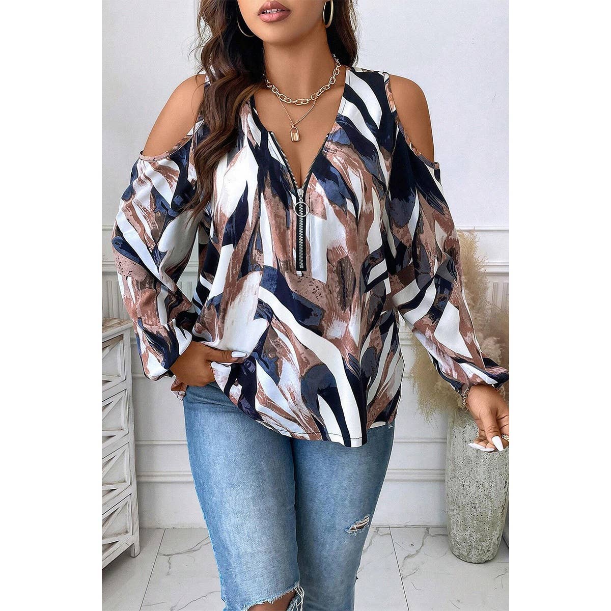 Plus Size Open Shoulder Zipper Print Loose Blouse - MVTFASHION.COM