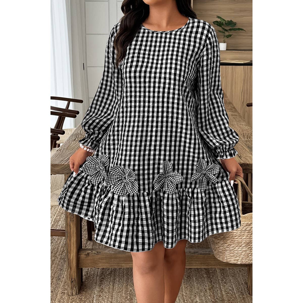 Plus Size Plaid Round Neck Floral Cut Dress - MVTFASHION.COM
