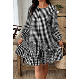Plus Size Plaid Round Neck Floral Cut Dress - MVTFASHION.COM