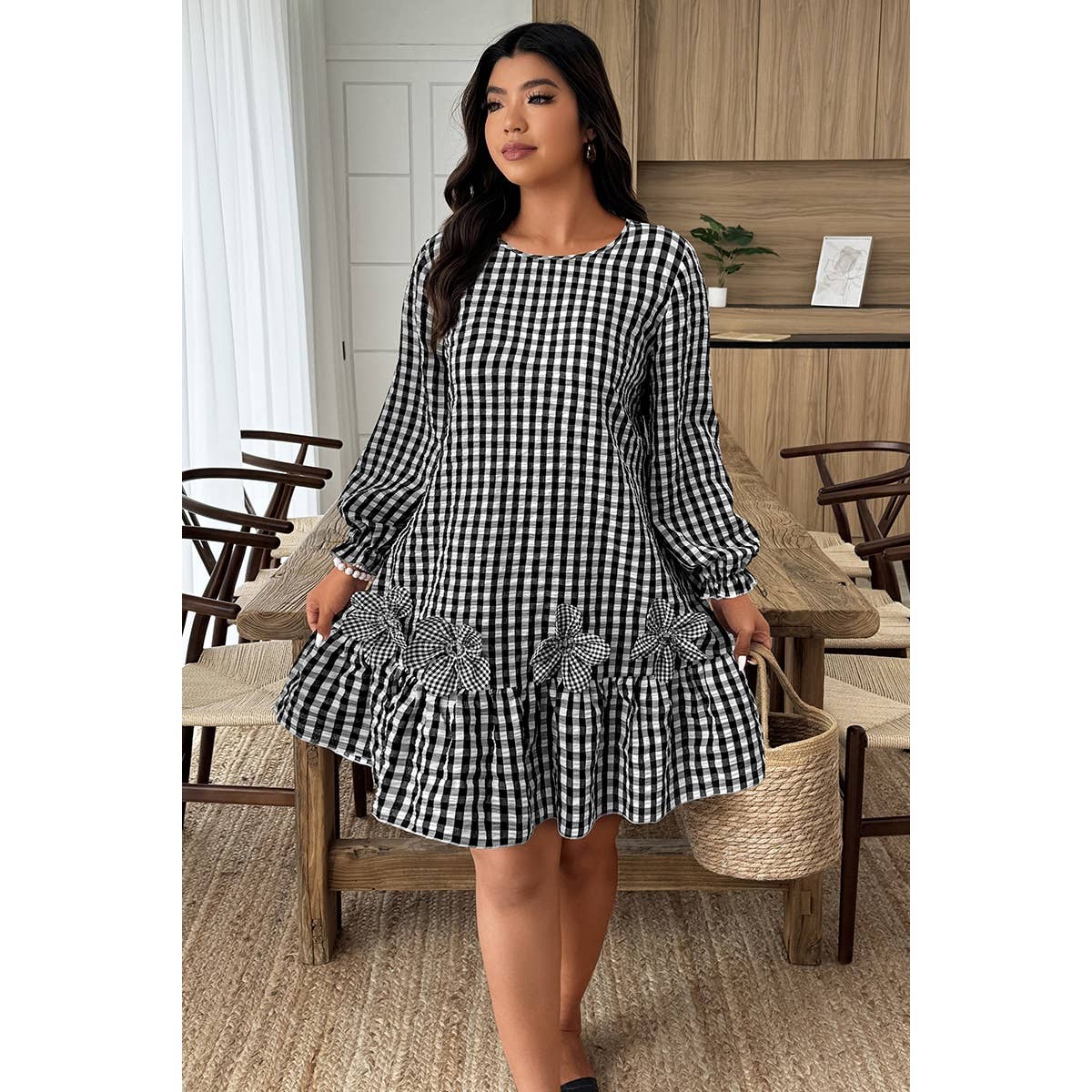 Plus Size Plaid Round Neck Floral Cut Dress - MVTFASHION.COM