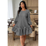 Plus Size Plaid Round Neck Floral Cut Dress - MVTFASHION.COM
