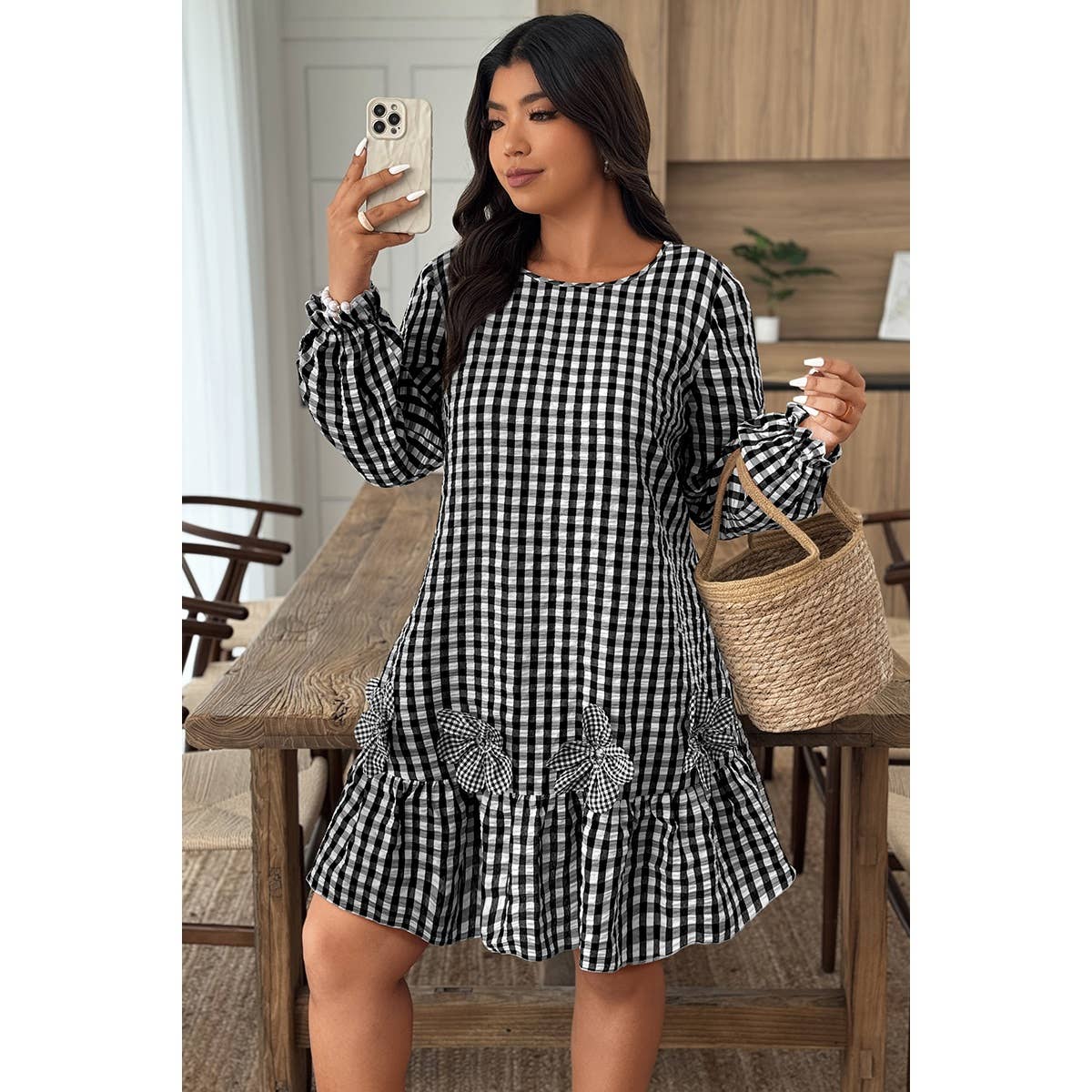 Plus Size Plaid Round Neck Floral Cut Dress - MVTFASHION.COM