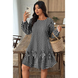 Plus Size Plaid Round Neck Floral Cut Dress - MVTFASHION.COM