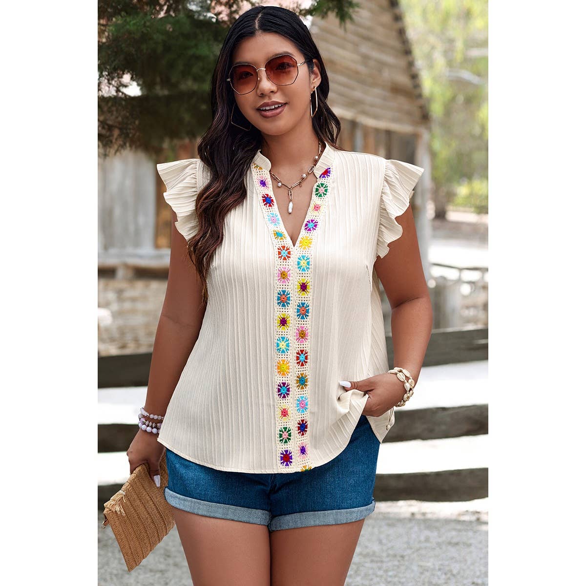 Plus Size Pleated Print V Neck Ruffle Fit Shirt - MVTFASHION.COM