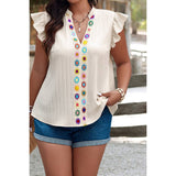 Plus Size Pleated Print V Neck Ruffle Fit Shirt - MVTFASHION.COM