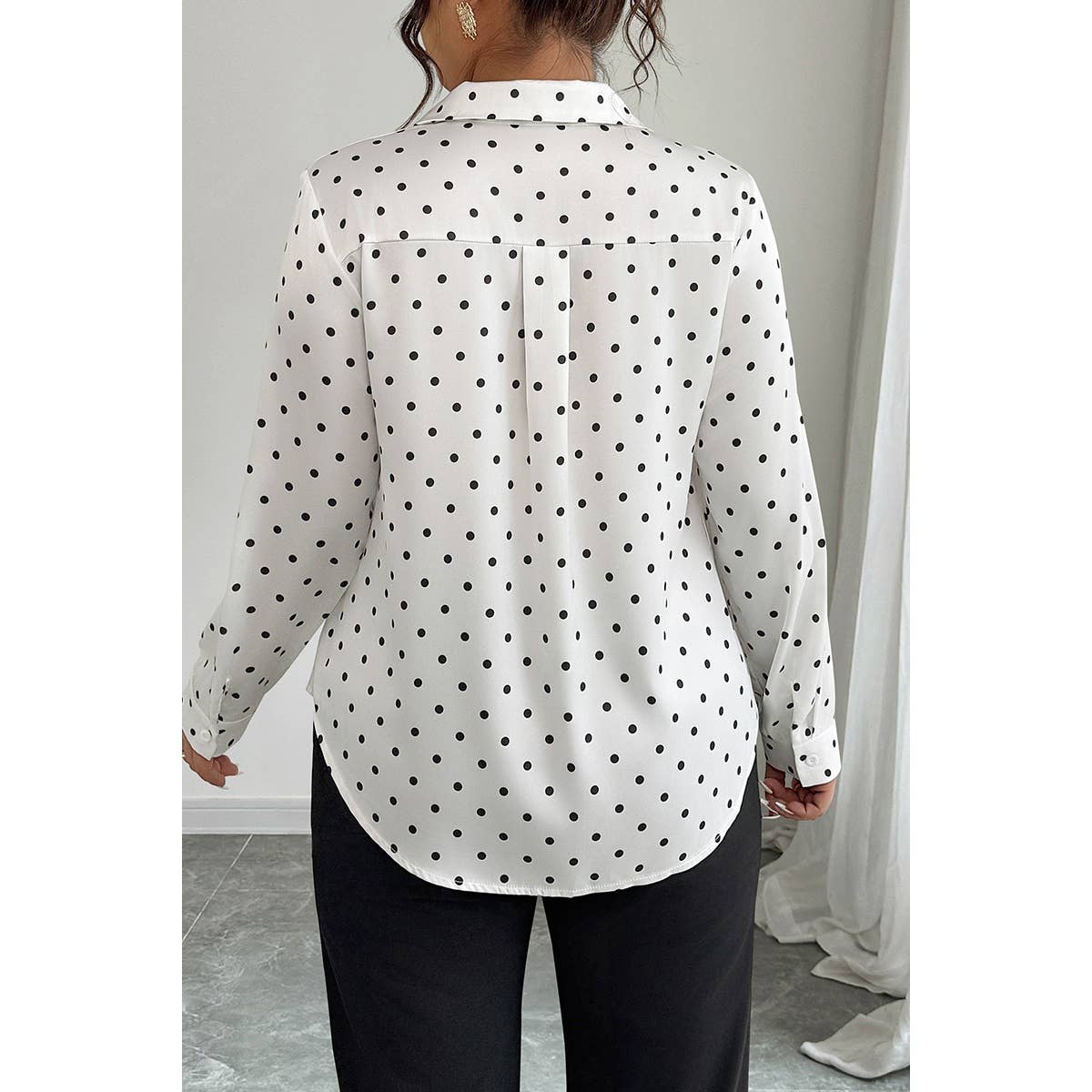 Plus Size Polka Dot Button Up Long Sleeve Shirt - MVTFASHION.COM