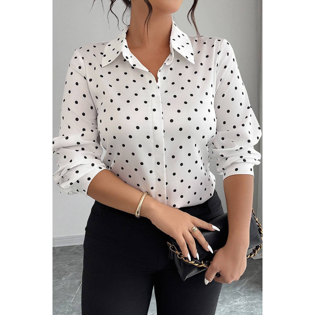 Plus Size Polka Dot Button Up Long Sleeve Shirt - MVTFASHION.COM