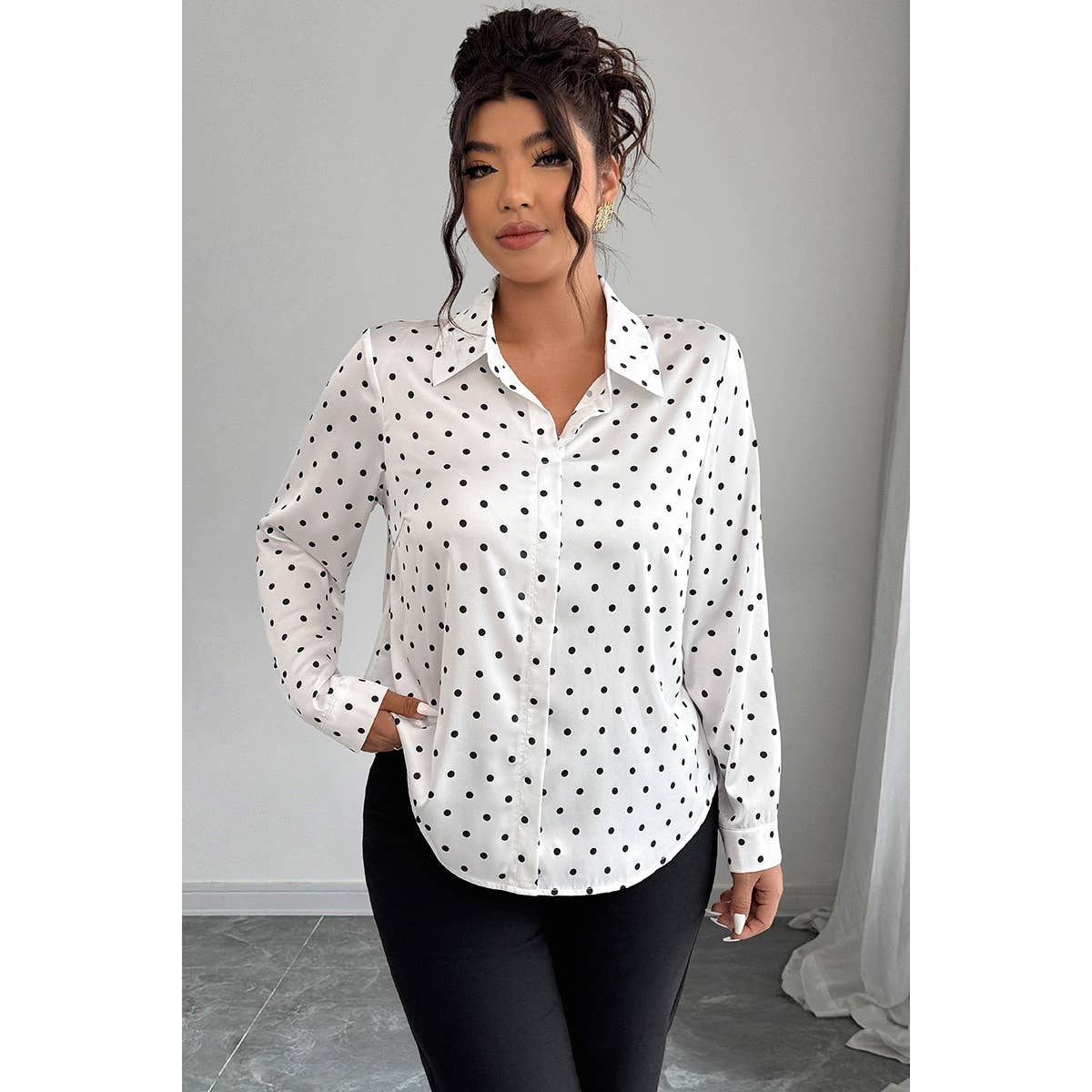 Plus Size Polka Dot Button Up Long Sleeve Shirt - MVTFASHION.COM