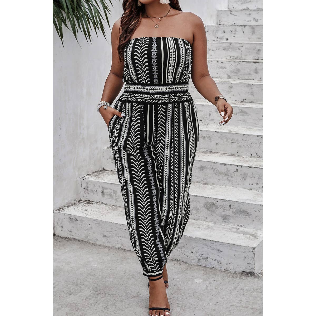 Plus Size Print Off Shoulder Sleeveless Jumpsuit - MVTFASHION.COM