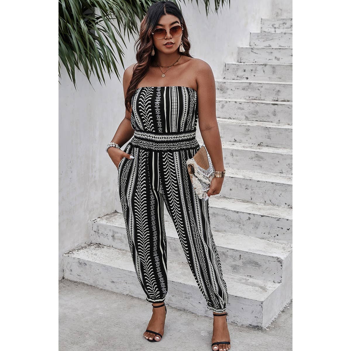 Plus Size Print Off Shoulder Sleeveless Jumpsuit - MVTFASHION.COM