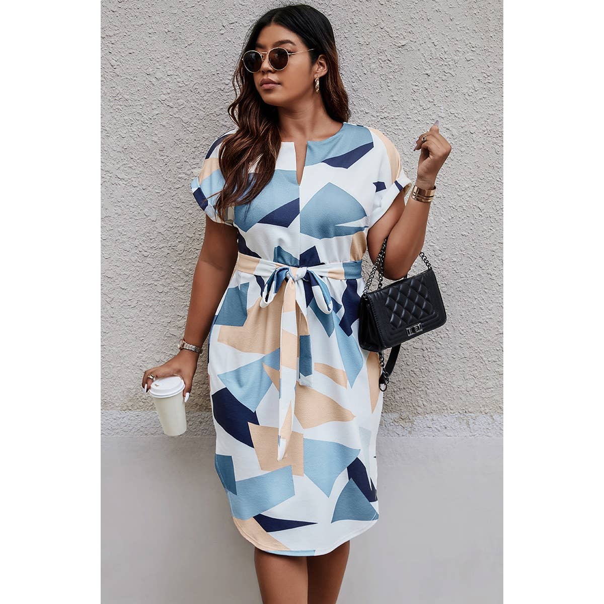 Plus Size Printed Belt Fit Cut Out Dress - MVTFASHION.COM