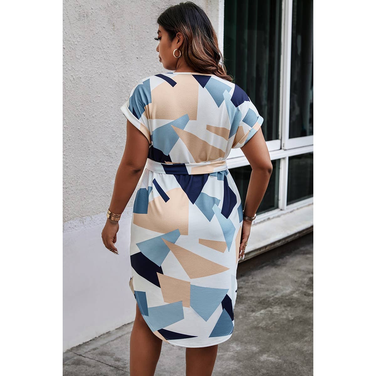 Plus Size Printed Belt Fit Cut Out Dress - MVTFASHION.COM