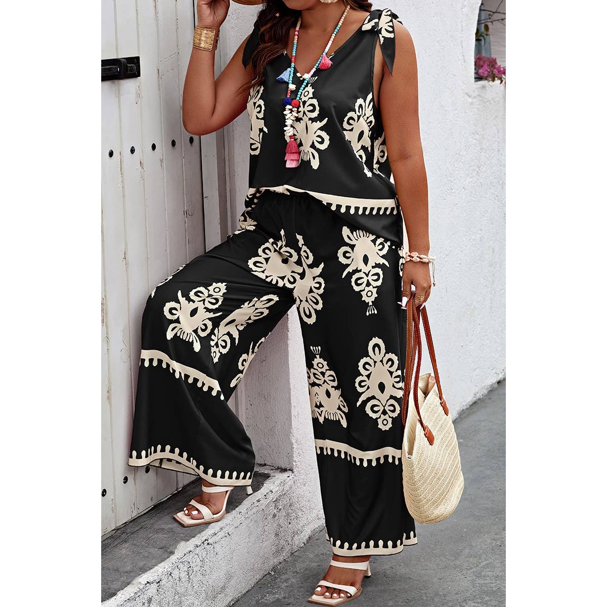 Plus Size Printed Knot Shoulder Wide Leg Sets - MVTFASHION.COM