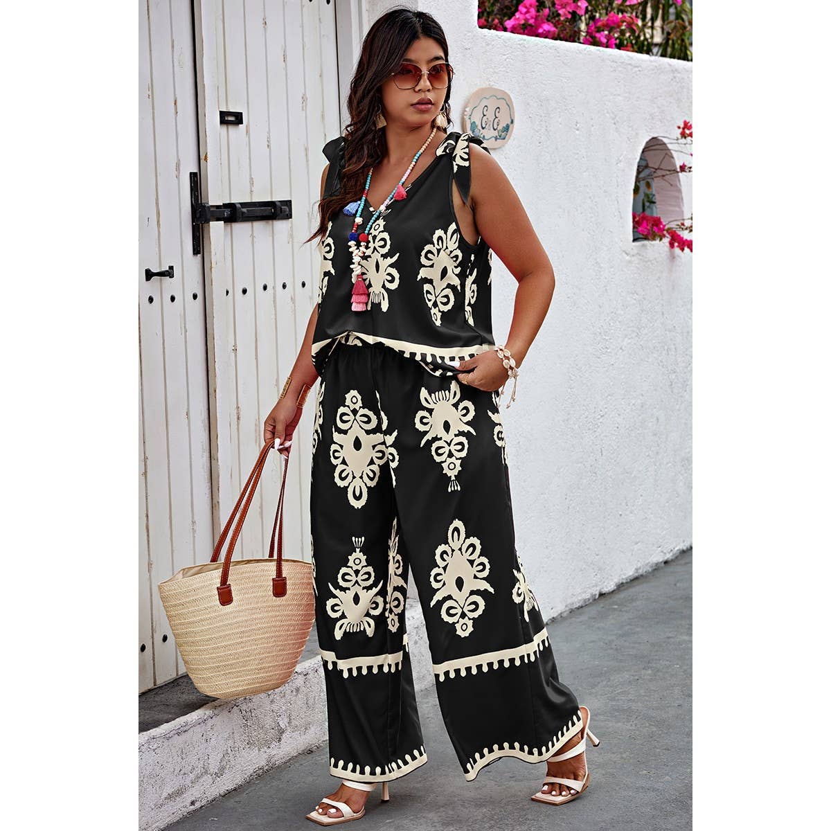 Plus Size Printed Knot Shoulder Wide Leg Sets - MVTFASHION.COM