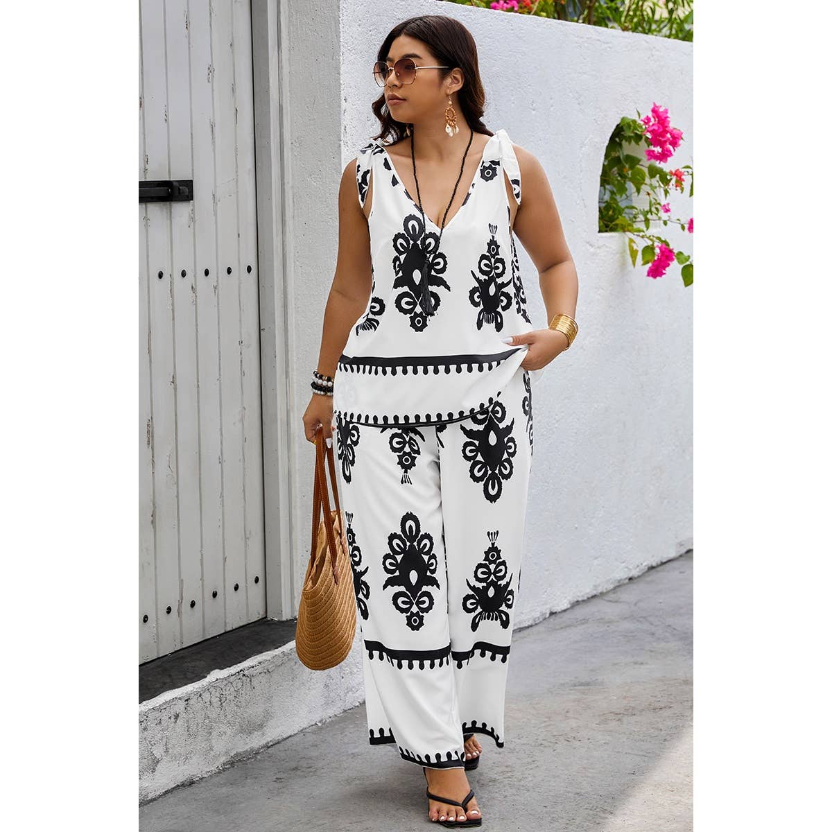 Plus Size Printed Knot Shoulder Wide Leg Sets - MVTFASHION.COM