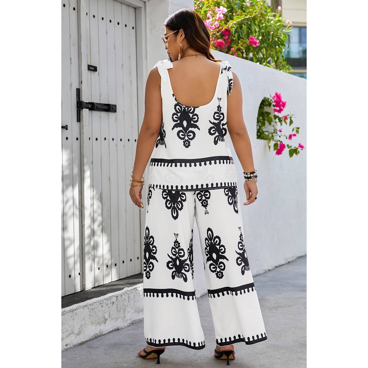 Plus Size Printed Knot Shoulder Wide Leg Sets - MVTFASHION.COM