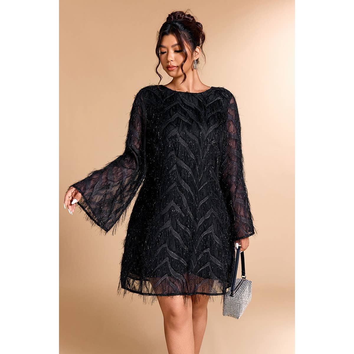 Plus Size Sequin Fringe Lace Short Dress - MVTFASHION.COM