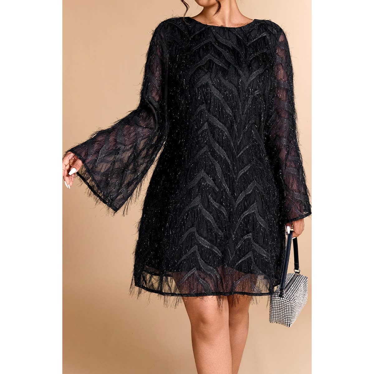 Plus Size Sequin Fringe Lace Short Dress - MVTFASHION.COM