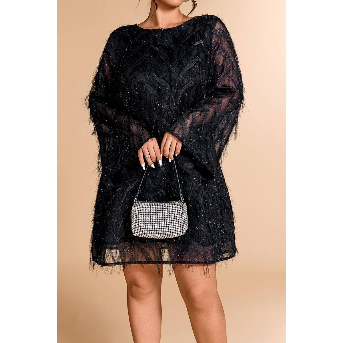 Plus Size Sequin Fringe Lace Short Dress - MVTFASHION.COM