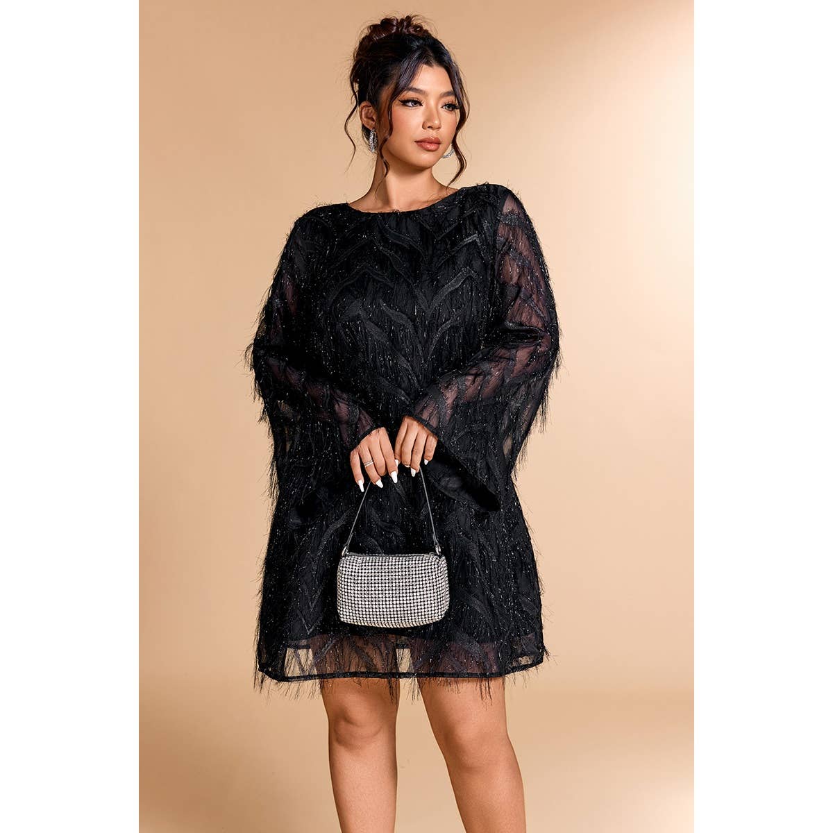 Plus Size Sequin Fringe Lace Short Dress - MVTFASHION.COM
