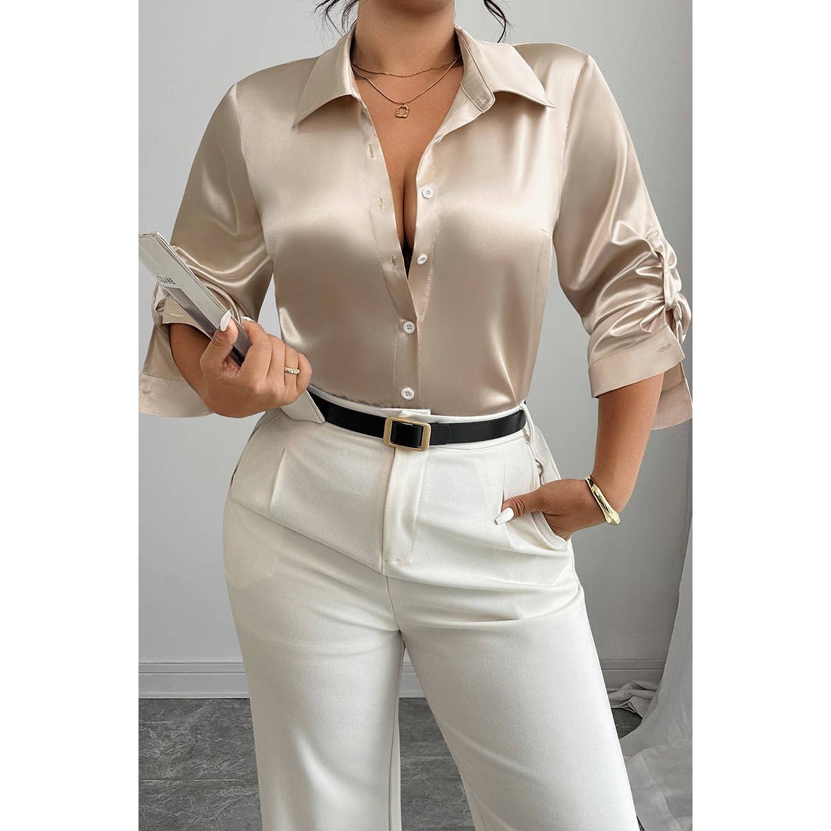 Plus Size Silk Long Sleeve Button Down Satin Shirt - MVTFASHION.COM