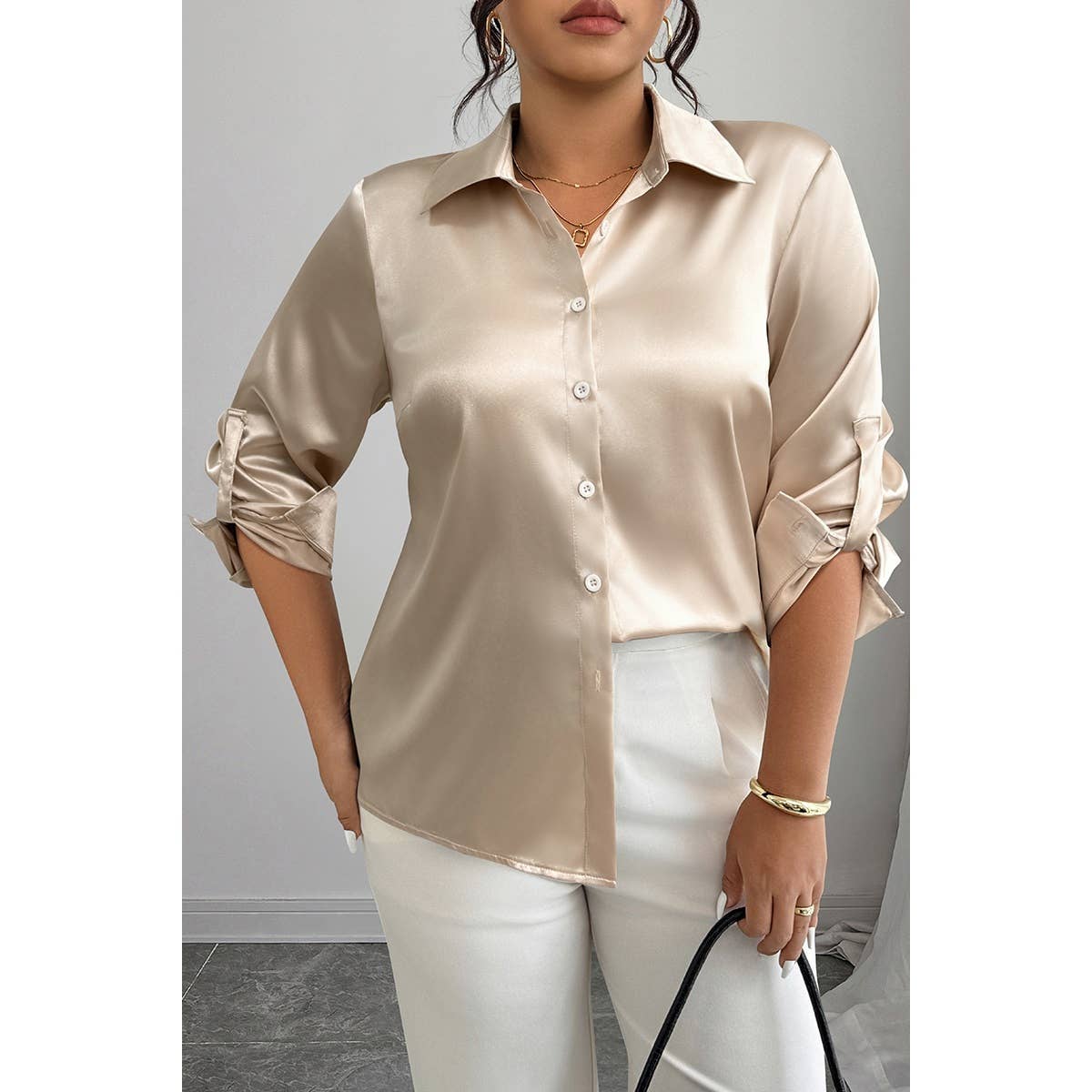Plus Size Silk Long Sleeve Button Down Satin Shirt - MVTFASHION.COM