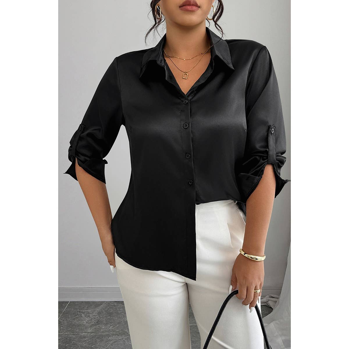 Plus Size Silk Long Sleeve Button Down Satin Shirt - MVTFASHION.COM