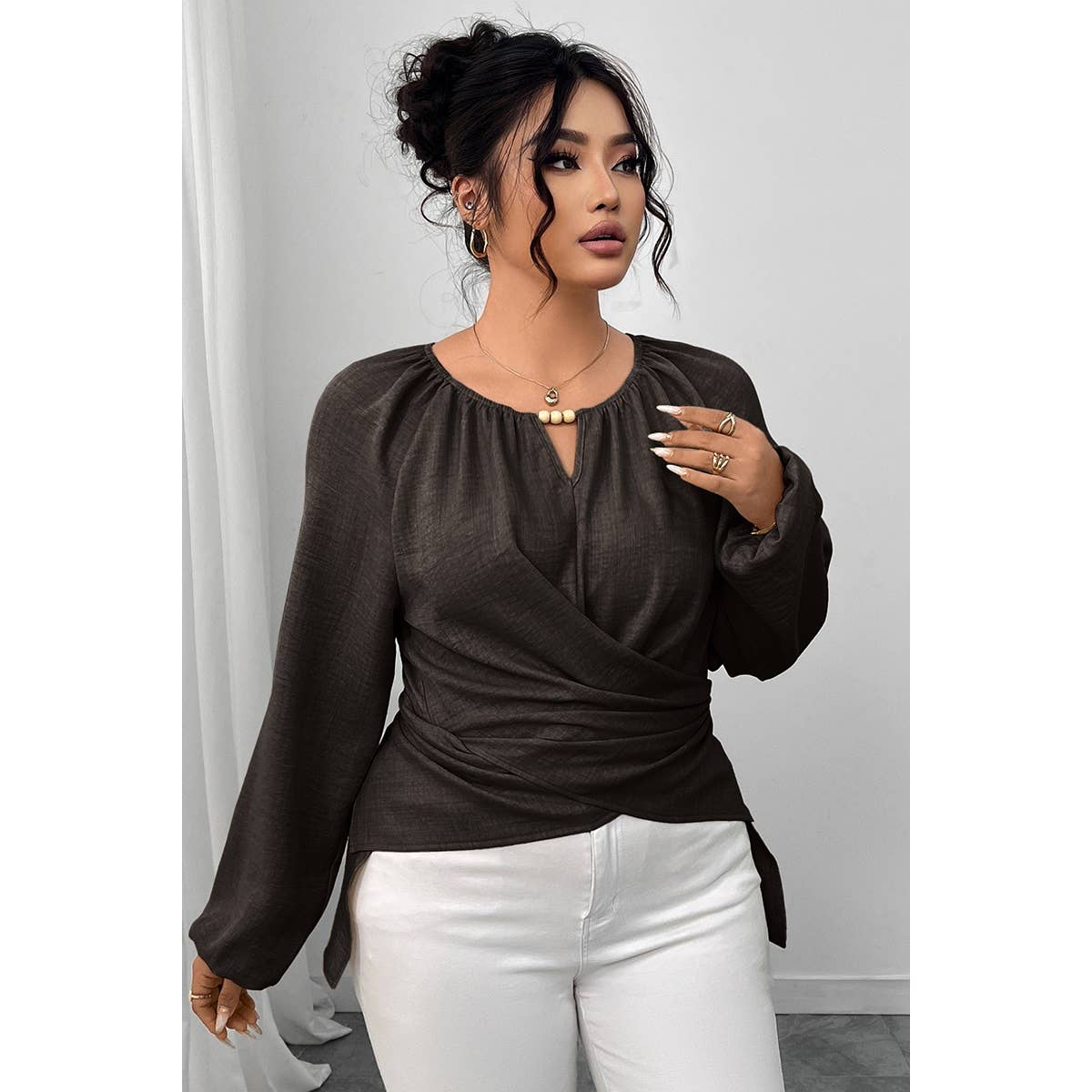 Plus Size Solid Crossed Long Sleeves Top - MVTFASHION.COM