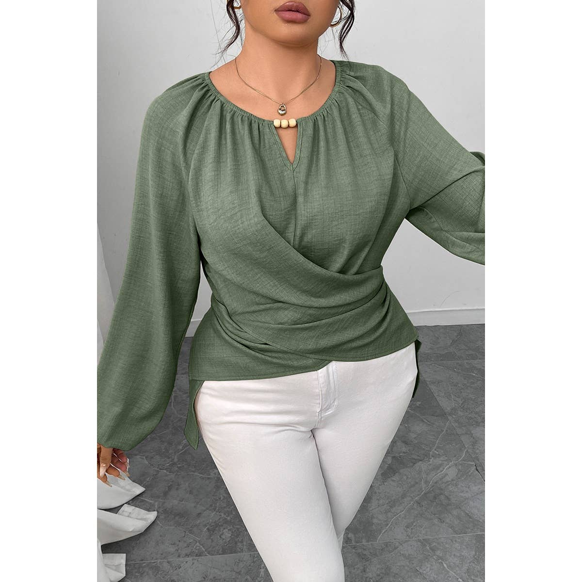 Plus Size Solid Crossed Long Sleeves Top - MVTFASHION.COM
