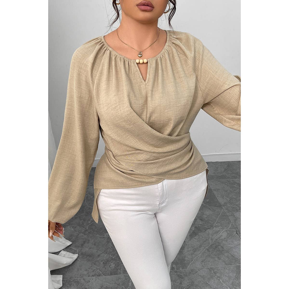 Plus Size Solid Crossed Long Sleeves Top - MVTFASHION.COM