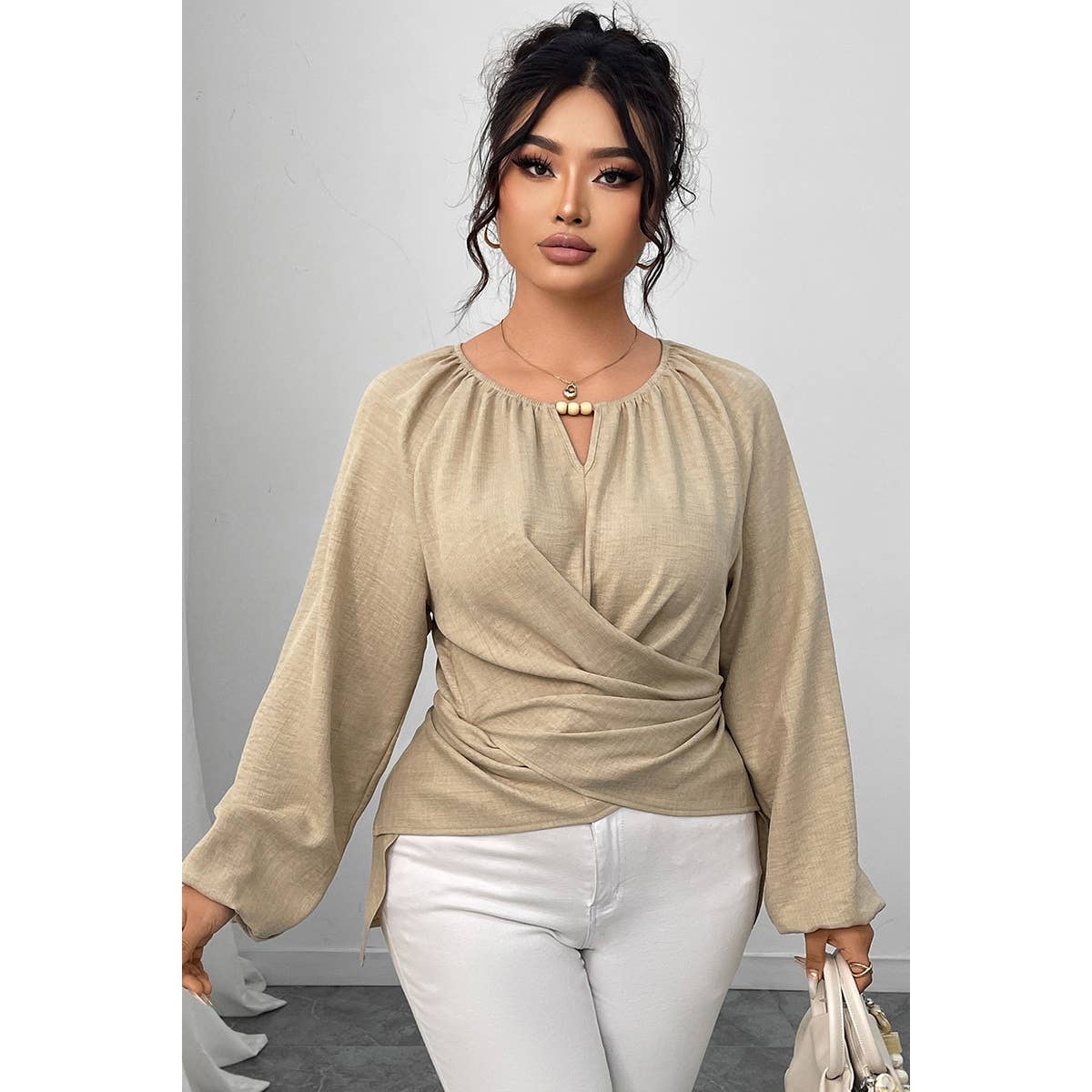 Plus Size Solid Crossed Long Sleeves Top - MVTFASHION.COM