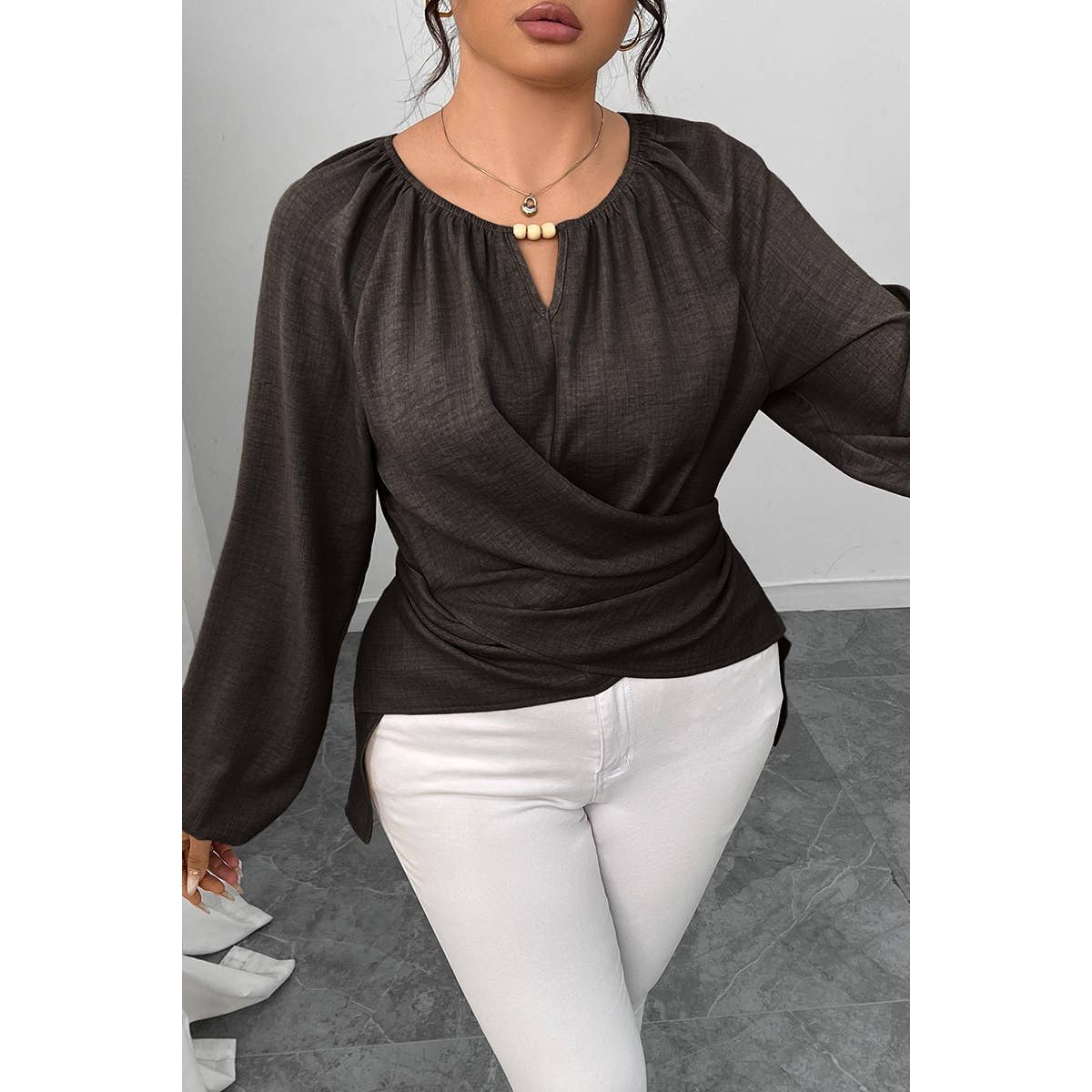 Plus Size Solid Crossed Long Sleeves Top - MVTFASHION.COM
