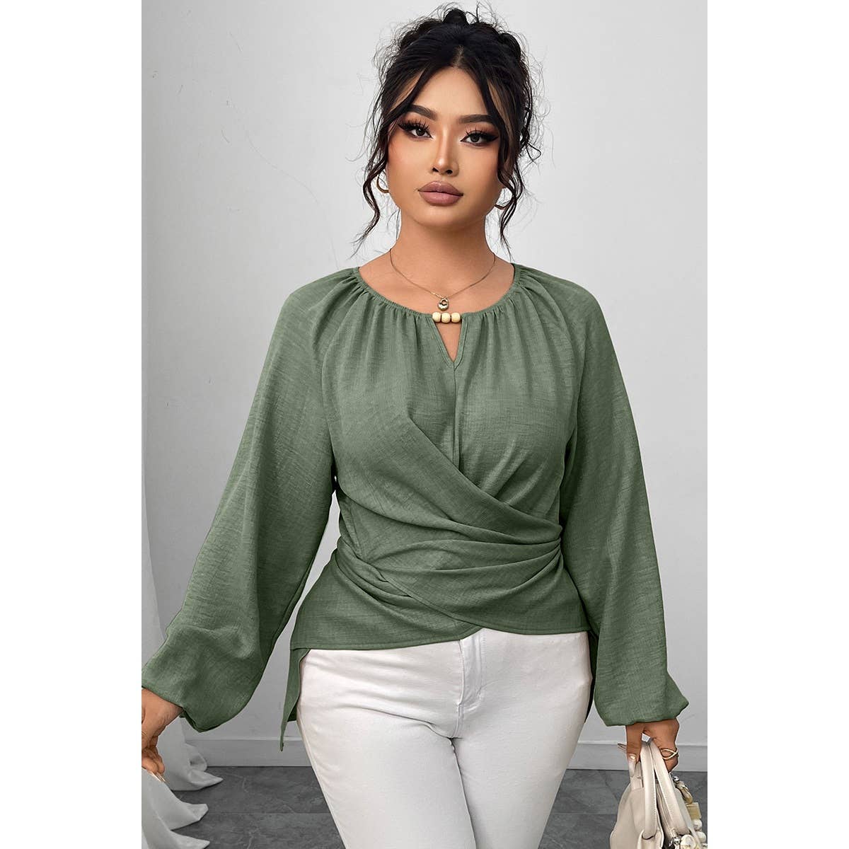 Plus Size Solid Crossed Long Sleeves Top - MVTFASHION.COM