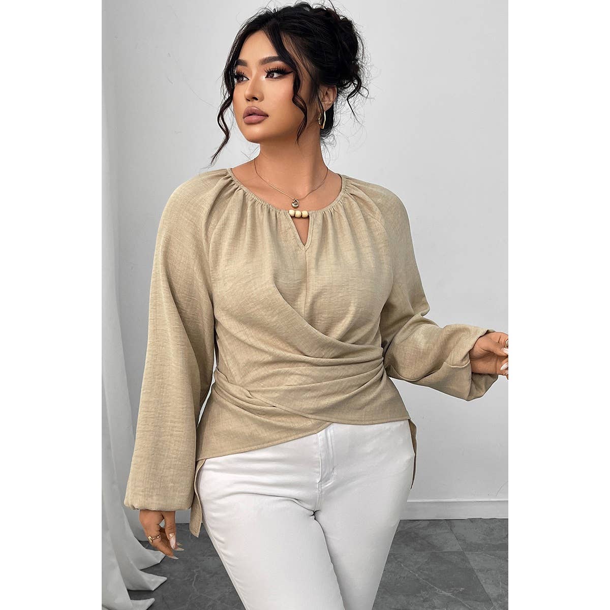 Plus Size Solid Crossed Long Sleeves Top - MVTFASHION.COM