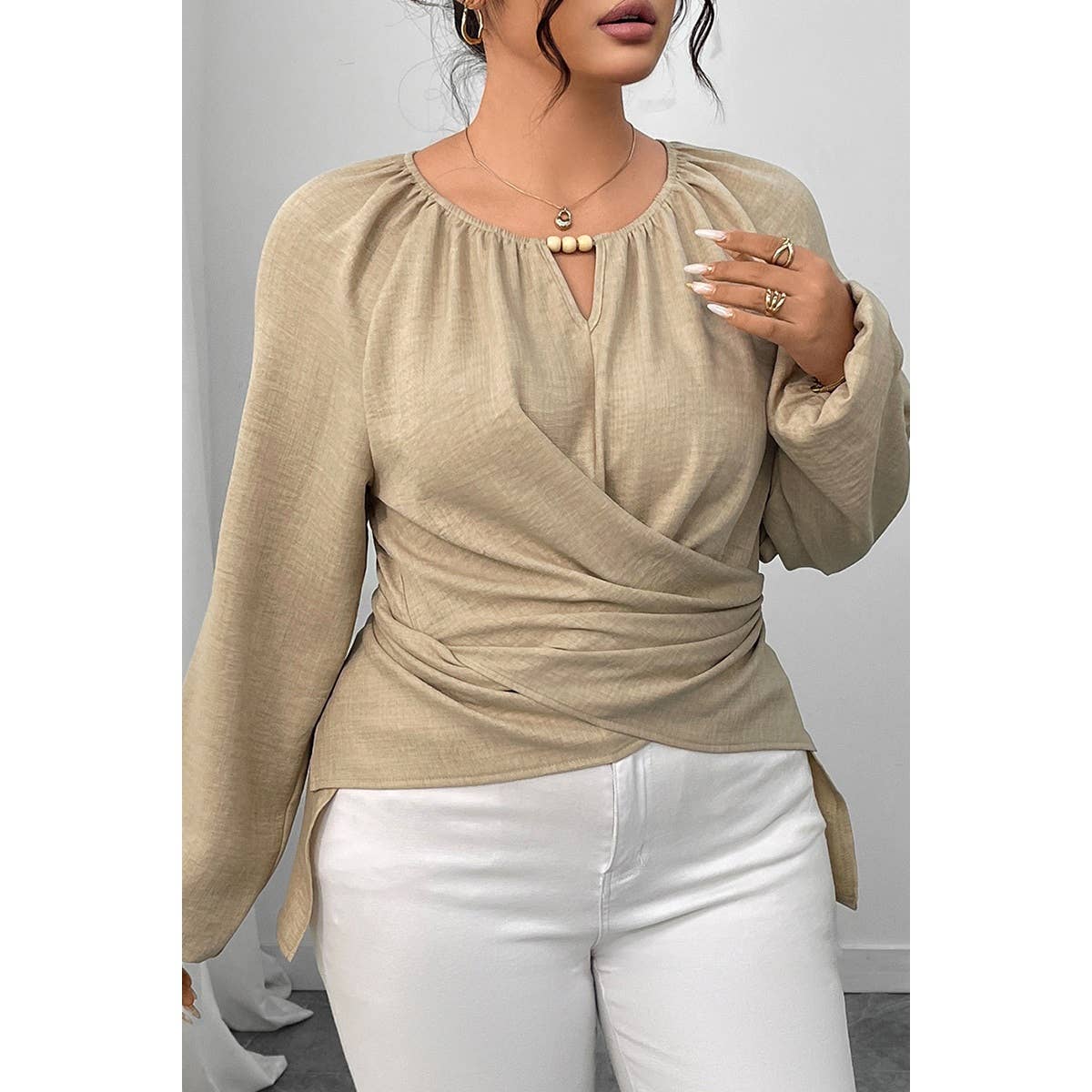 Plus Size Solid Crossed Long Sleeves Top - MVTFASHION.COM