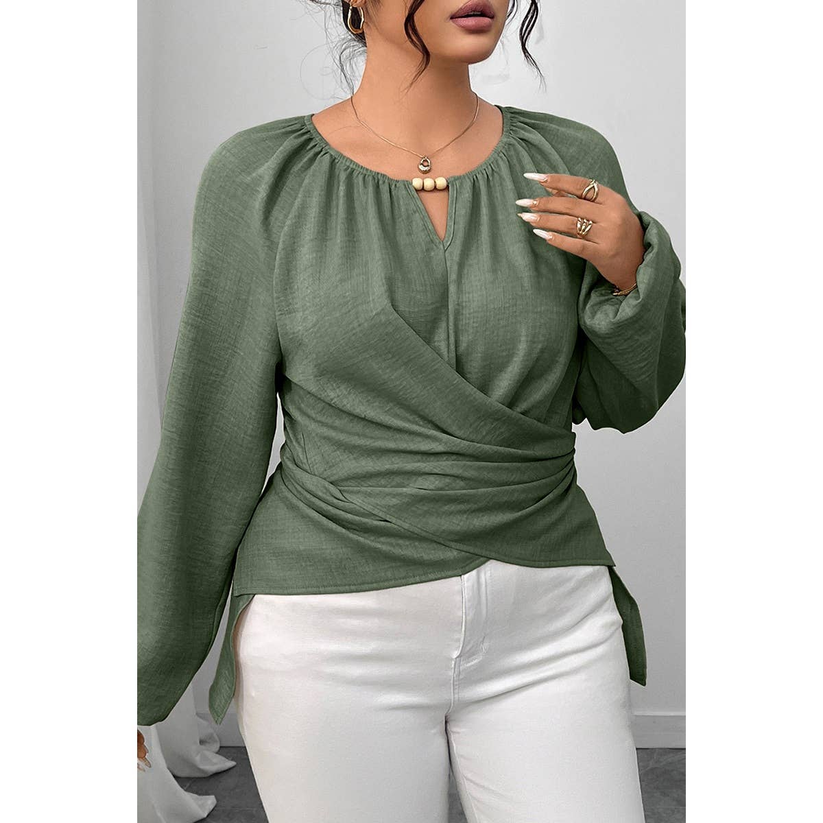 Plus Size Solid Crossed Long Sleeves Top - MVTFASHION.COM
