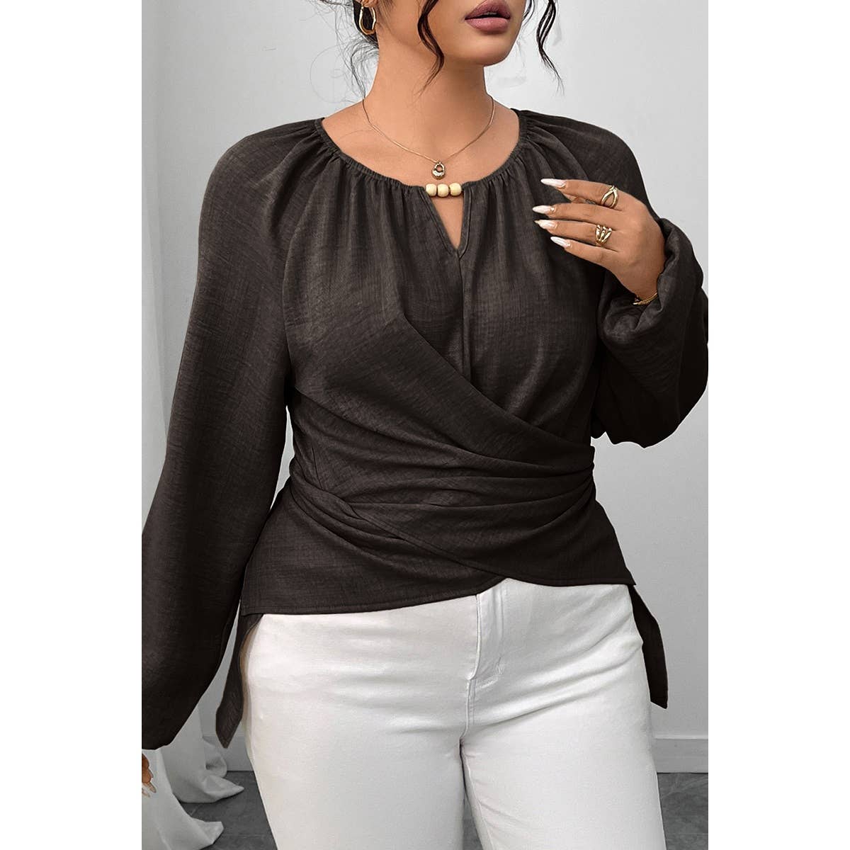 Plus Size Solid Crossed Long Sleeves Top - MVTFASHION.COM
