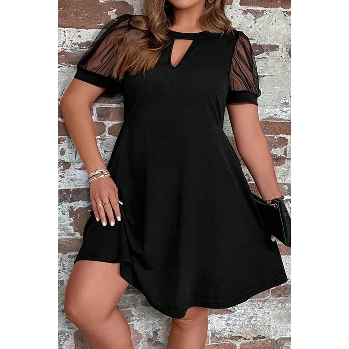 Plus Size Solid Cut Out Round Neck Lace Fit Dress - MVTFASHION.COM