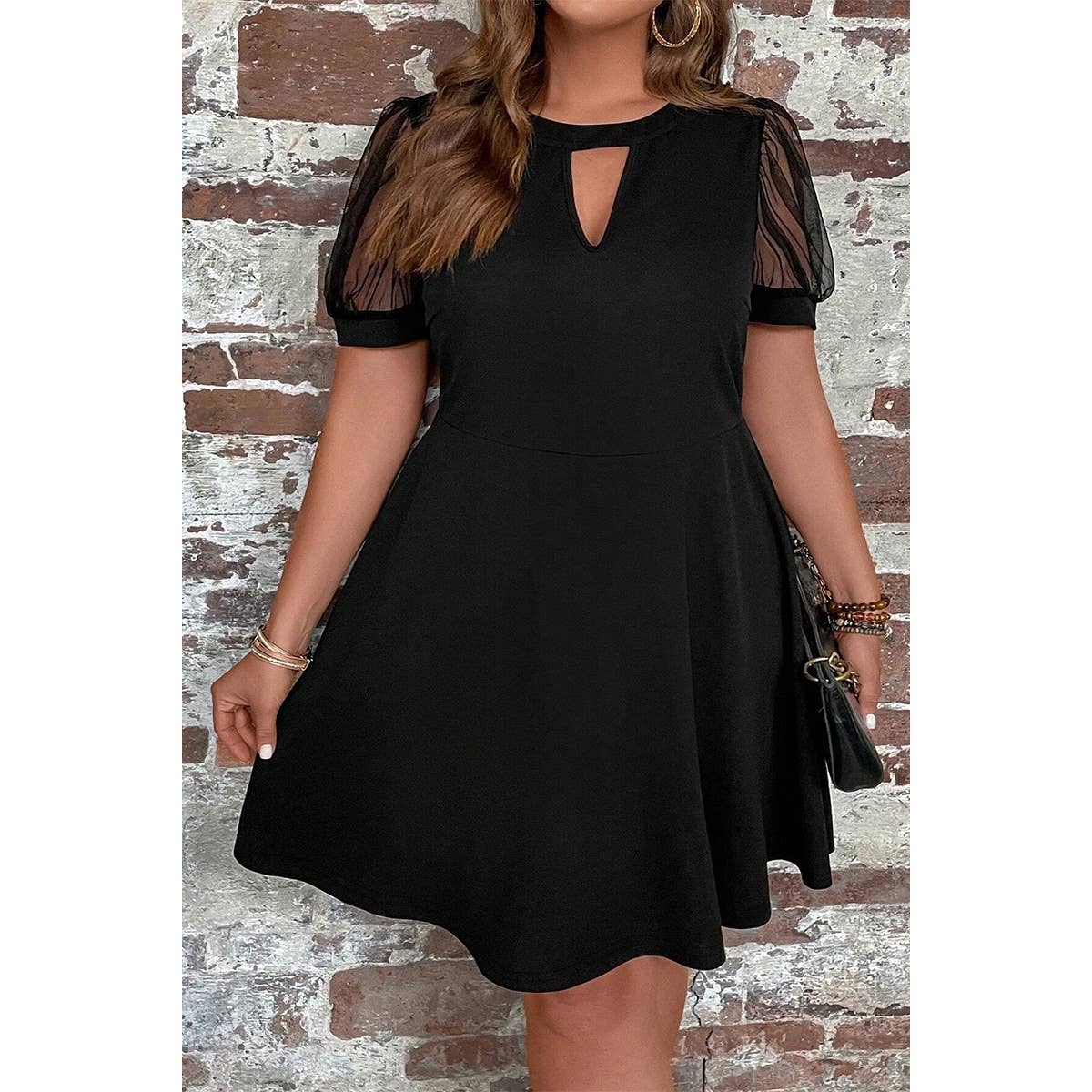 Plus Size Solid Cut Out Round Neck Lace Fit Dress - MVTFASHION.COM