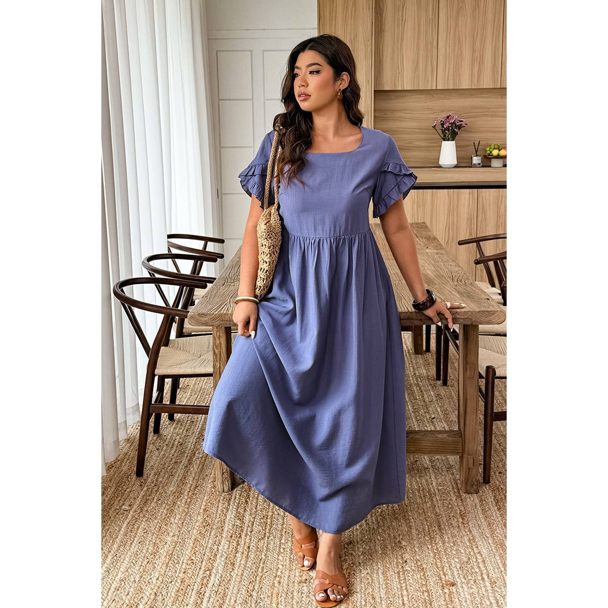 Plus Size Solid Elegant Sleeve A Line Full Dress - MVTFASHION.COM