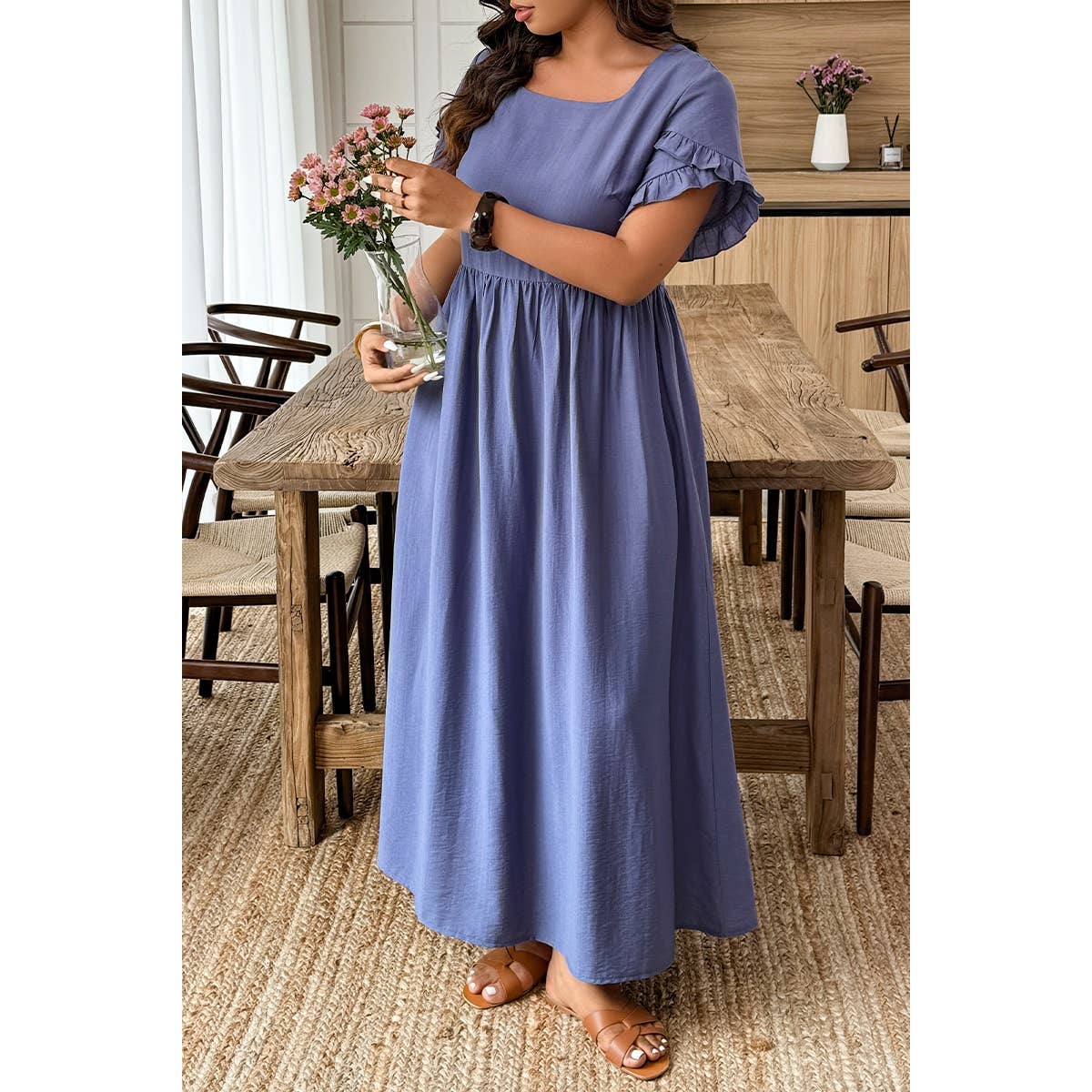 Plus Size Solid Elegant Sleeve A Line Full Dress - MVTFASHION.COM
