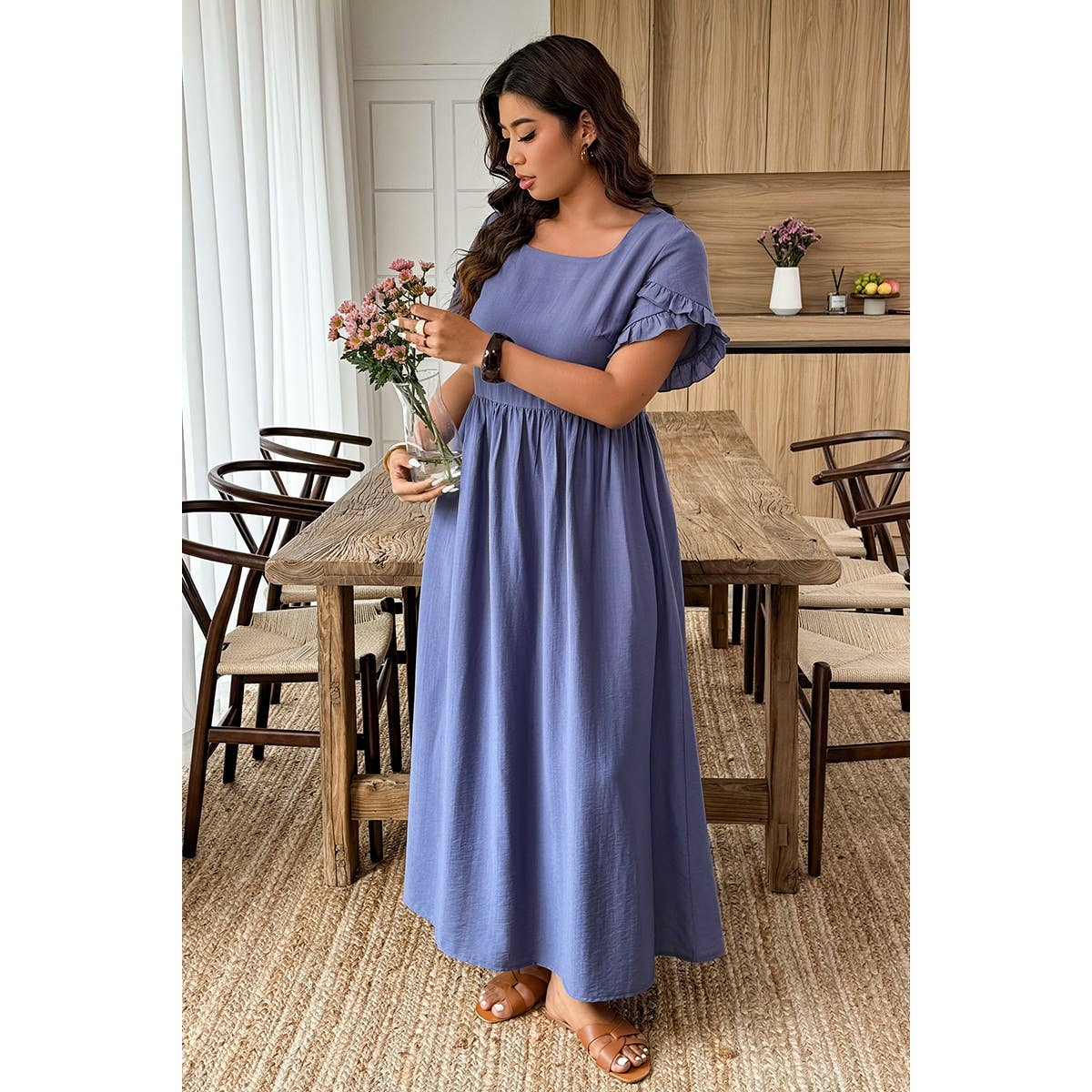 Plus Size Solid Elegant Sleeve A Line Full Dress - MVTFASHION.COM